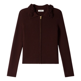 Sandro brown zip-through knit jacket with ruffle collar detail and gold-tone zip, long sleeves
