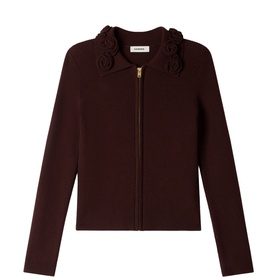 Floral Collar Ribbed Knitted Cardigan