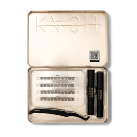 Kash Beauty Lash Lab Starter Pack in Natural Black, open gold tin containing false lashes, applicator tool and two mascara tubes