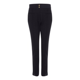 Phase Eight black slim-leg trousers with high waist, gold button detail, and pressed front crease