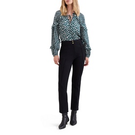 Model wearing Phase Eight black tailored trousers with high waist and gold button detail, styled with a teal floral blouse and black ankle boots.
