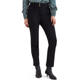 Model wearing Phase Eight black slim-leg trousers with gold button detail waistband, styled with teal floral blouse and black heeled ankle boots