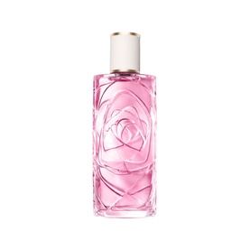 Lanc&ocirc;me EDT fragrance in a pink rose-embossed glass bottle with a white cap