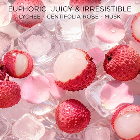 Lanc&ocirc;me EDT fragrance notes visual featuring lychee, centifolia rose and musk with fresh ice cubes and pink petals