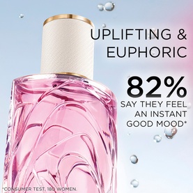 Lanc&ocirc;me EDT in faceted pink bottle with white cap. Text reads "Uplifting & Euphoric, 82% say they feel an instant good mood