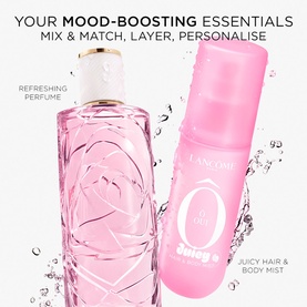 Lanc&ocirc;me La Vie Est Belle Juicy Hair & Body Mist and pink perfume bottle with water droplets on pink background