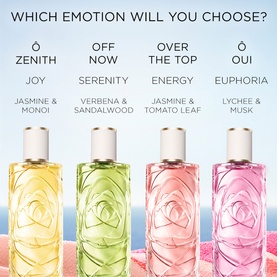 Lanc&ocirc;me &Ocirc; fragrance collection: four EDT bottles in yellow, green, yellow-green and pink, each featuring rose-embossed glass design.