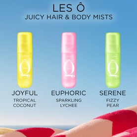 Lanc&ocirc;me Les &Ocirc; Juicy Hair & Body Mists trio: Joyful Tropical Coconut, Euphoric Sparkling Lychee, and Serene Fizzy Pear spray bottles