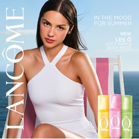 Lancome Les &Ocirc; Juicy Hair & Body Mists in yellow, green and pink, displayed with a model in a summer campaign setting.