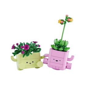 Lego Botanical toy set featuring two smiling plant pot figures in yellow-green and pink with colourful flowers and succulents