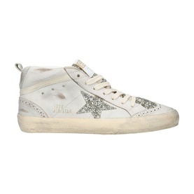 Golden Goose Mid Star white leather hi-top trainers with silver glitter star, brogue detailing, and lace-up front