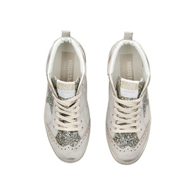 Golden Goose white leather hi-top trainers with silver glitter star detail, white laces, viewed from above