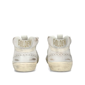 Golden Goose mid-top trainers in white leather with silver panel, brogue detailing, distressed sole, and gold logo tab