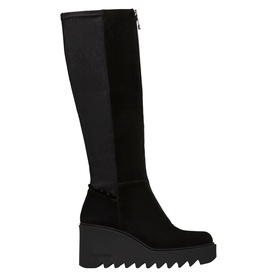 Black knee-high wedge boot with suede front panel, stretch back, zip fastening, and chunky ridged platform sole