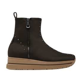 Marco Moreo brown nubuck ankle boot with silver stud detail, side zip fastening, and tan flatform sole