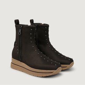 Marco Moreo brown leather ankle boots with silver stud detailing, side zip fastening, and tan flatform sole