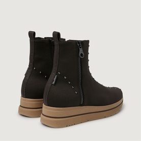Marco Moreo brown nubuck ankle boots with side zip, stud detail, and tan rubber platform sole, rear view.