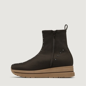 Marco Moreo brown nubuck wedge ankle boot with silver stud detailing, side zip fastening, and tan chunky sole
