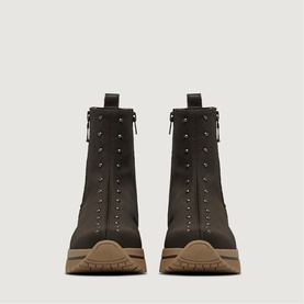 Marco Moreo brown leather ankle boots with silver stud detailing, back zip fastening, and chunky beige sole, rear view.