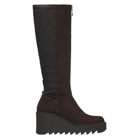 Marco Moreo brown knee-high wedge boots with stretch panel, side zip, and chunky ridged platform sole