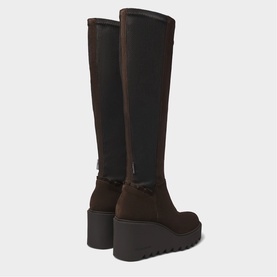 Marco Moreo brown suede and stretch knee-high boots with wedge platform sole, rear view showing heel detail
