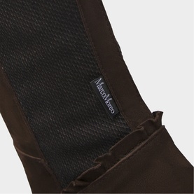 Marco Moreo brown boot close-up showing suede upper, contrast black panel, and branded label detail.
