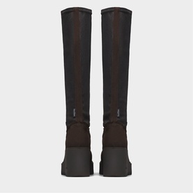 Marco Moreo brown knee-high boots, back view, dark chunky sole and elasticated panel detail