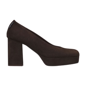 Marco Moreo brown suede platform block-heel court shoes with square toe and dark sole, side profile view