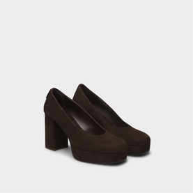 Marco Moreo brown suede platform block-heel court shoes with square toe and matching platform sole