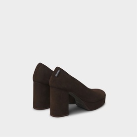 Marco Moreo brown suede block-heel platform court shoes, rear view showing chunky heel and platform sole.