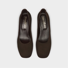 Marco Moreo brown suede square-toe block heel court shoes, overhead flat lay showing pair aligned toe-to-toe