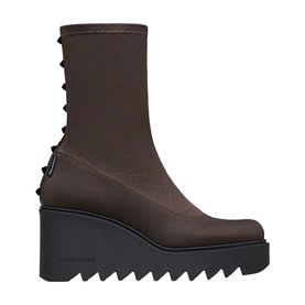 Marco Moreo brown stretch sock ankle boot with black wedge platform sole and serrated tread, lace-up back detail
