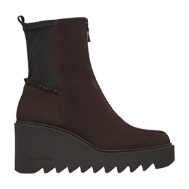 Marco Moreo brown suede wedge ankle boot with black elastic panel, side zip, and serrated platform sole