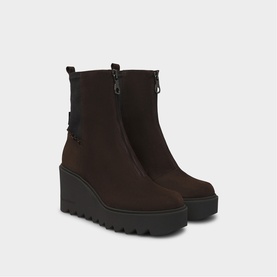 Marco Moreo brown suede wedge ankle boots with front zip fastening, chunky black platform sole and logo detail