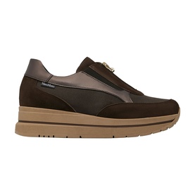 Marco Moreo brown suede platform zip-front trainer with mixed texture panels and a tan chunky sole