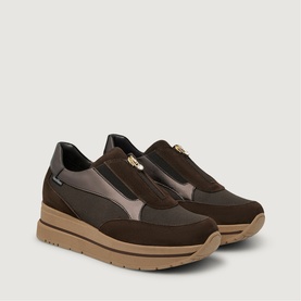 Marco Moreo brown suede platform slip-on trainers with gold zip detail, mesh panels, and tan flatform sole