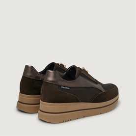 Marco Moreo brown suede trainers, rear view, gold zip detail, chunky tan rubber sole