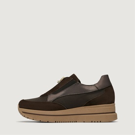 Marco Moreo brown suede slip-on platform sneaker with gold zip detail, elasticated panel, and beige chunky sole