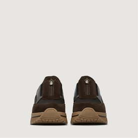 Marco Moreo brown suede trainers, rear view, showing pull tab detail and chunky gum rubber sole.