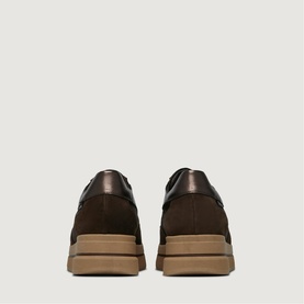 Marco Moreo brown suede trainers, rear view showing gum sole and bronze metallic heel detail