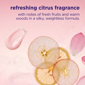 Maria Nila conditioner fragrance notes graphic showing sliced apple and lemon on pink background with text: refreshing citrus fragrance