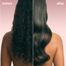 Maria Nila Conditioner before and after results showing transformation from dry, curly hair to smooth, glossy waves on a model's back.