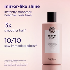 Maria Nila Mirror Gloss Conditioning Treatment in a pink bottle, shown with mirror-like shine and 3x smoother hair claims.