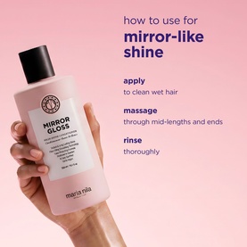 Maria Nila Mirror Gloss Conditioner in pink bottle with black cap, shown with how-to-use instructions for mirror-like shine
