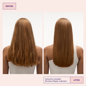 Before and after showing Maria Nila Structure Repair collection results: frizzy hair transformed to smooth, straight, glossy hair.