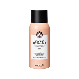 Maria Nila Soothing Dry Shampoo in a pink aerosol spray can with white cap, 250ml travel-size format