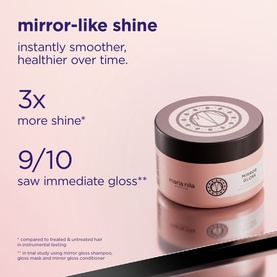 Maria Nila Mirror Gloss Hair Mask in pink pot, shown with mirror-like shine and 3x more shine claim infographic
