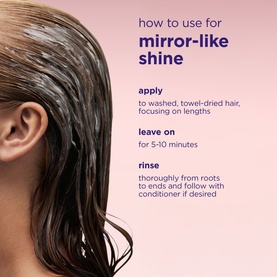 Maria Nila Hair Mask how-to usage guide showing apply, leave on 5-10 minutes, and rinse steps for mirror-like shine