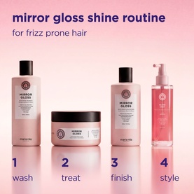 Maria Nila Mirror Gloss 4-piece shine routine set for frizz-prone hair: shampoo, mask, conditioner, and styling spray