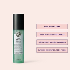 Maria Nila True Soft Argan Oil hair oil in green bottle, shown alongside product benefit callouts on pink background